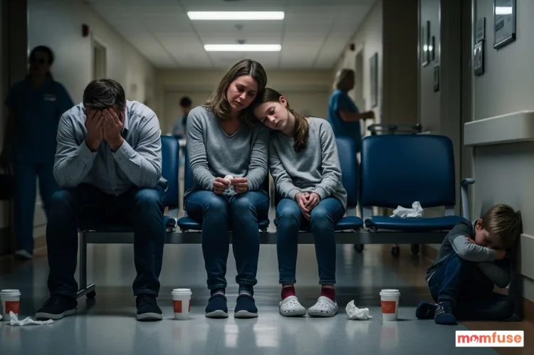 Family appearing overwhelmed in hospital hallway, emotional stress, thoughtful and realistic scene.