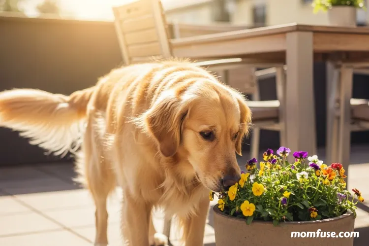 A curious golden retriever sniffing a potted plant on a sunny patio.