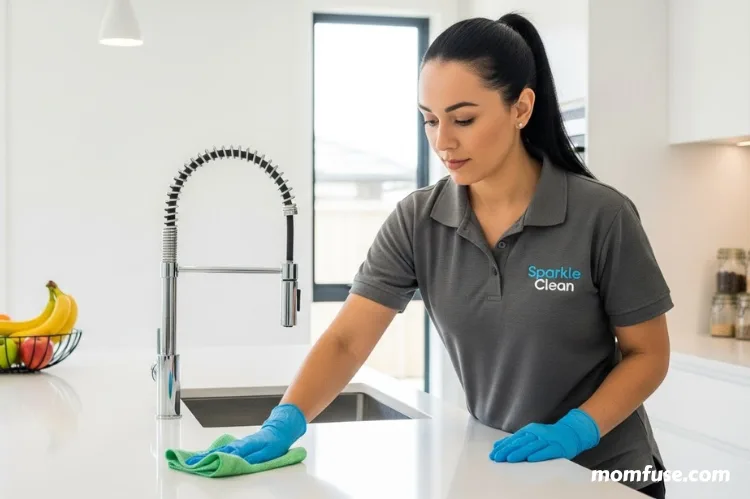 A professional house cleaner carefully wiping a kitchen countertop while wearing gloves, modern kitchen setting.