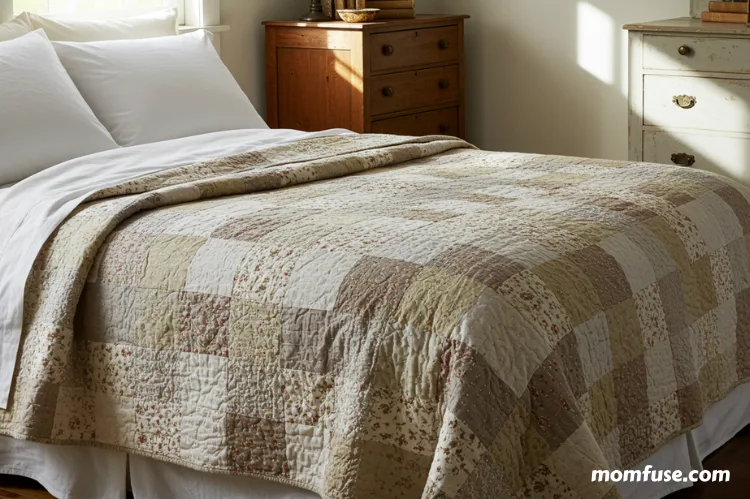 a stylish quilt on a bed in a modern farmhouse bedroom showcasing detailed stitching and texture.-luxe quilts for beds