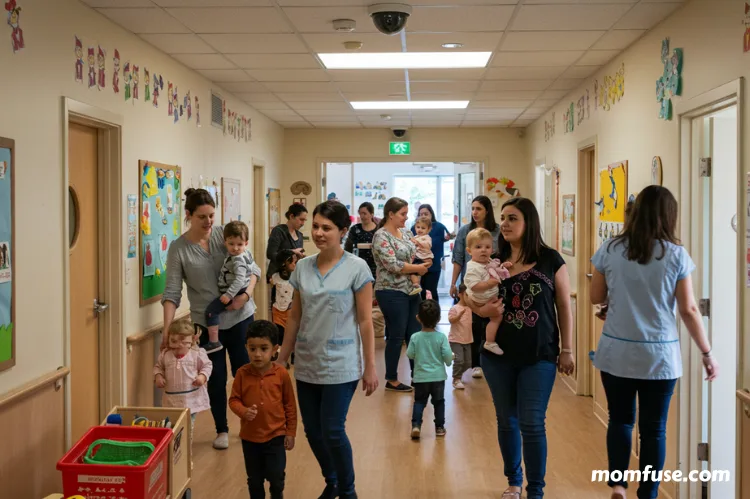 a daycare hallway with parents dropping off kids, teachers guiding children, and a security camera.