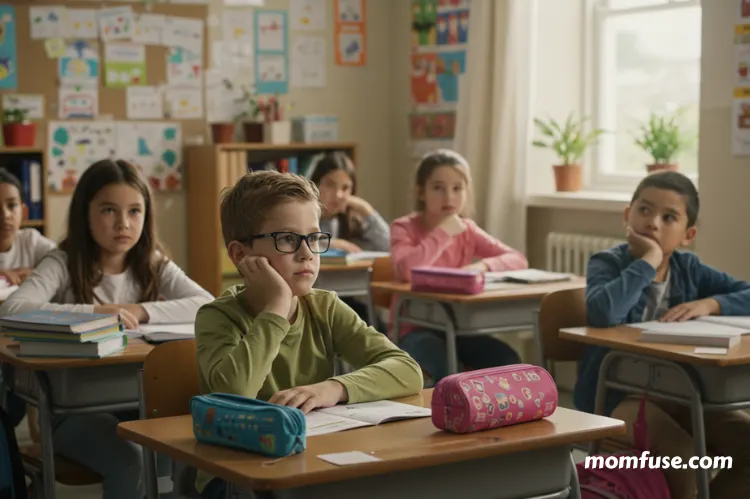 Classroom scene of diverse children sitting at desks with puzzled expressions.