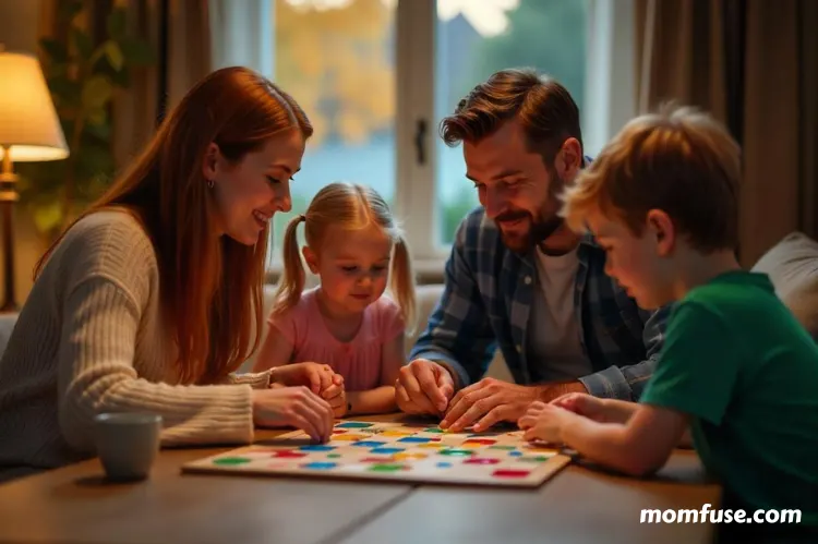 A cozy living room scene with a family gathered around a table playing a colorful board game.