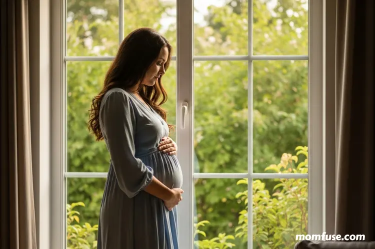 A woman standing near a window in morning light, hands on her belly.