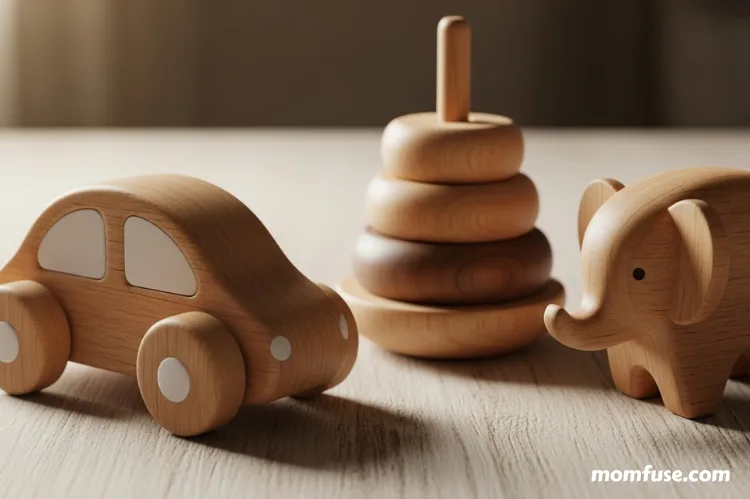Close-up of natural wooden toys.