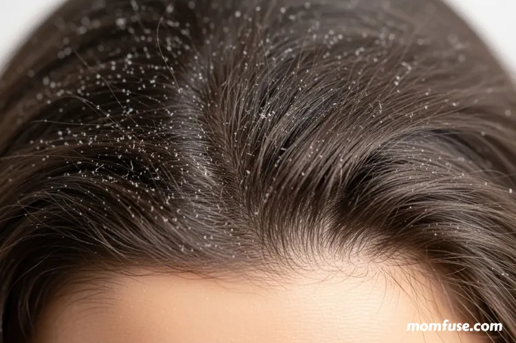 Close-up of scalp with fine dry flakes, winter dryness concept.