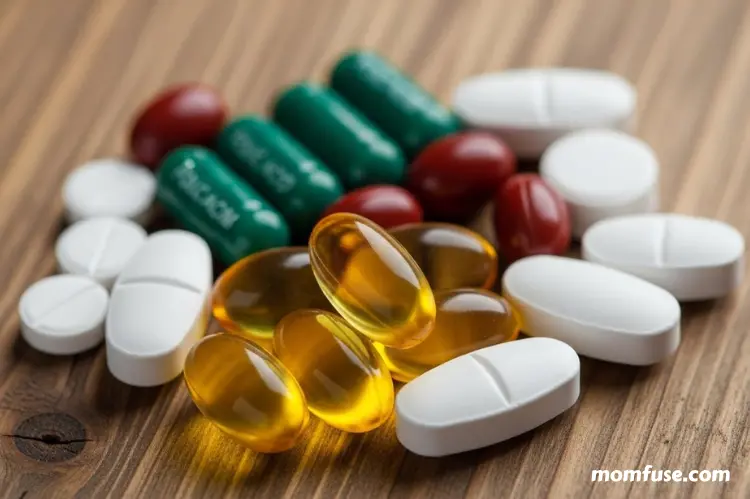 Close-up of prenatal vitamins, folic acid capsules, iron and calcium supplements on a wooden table.