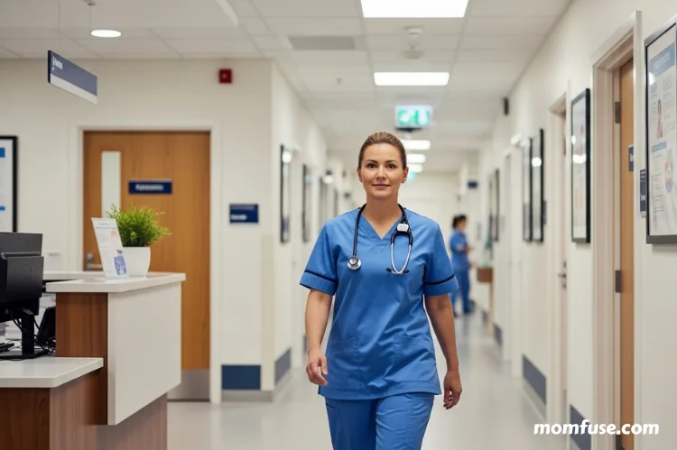 A confident mother in nursing scrubs walking through a healthcare hallway, hospital elements in background.