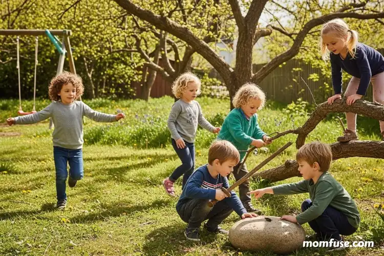 Children playing freely in a backyard: running, climbing, imaginative play, natural movement.