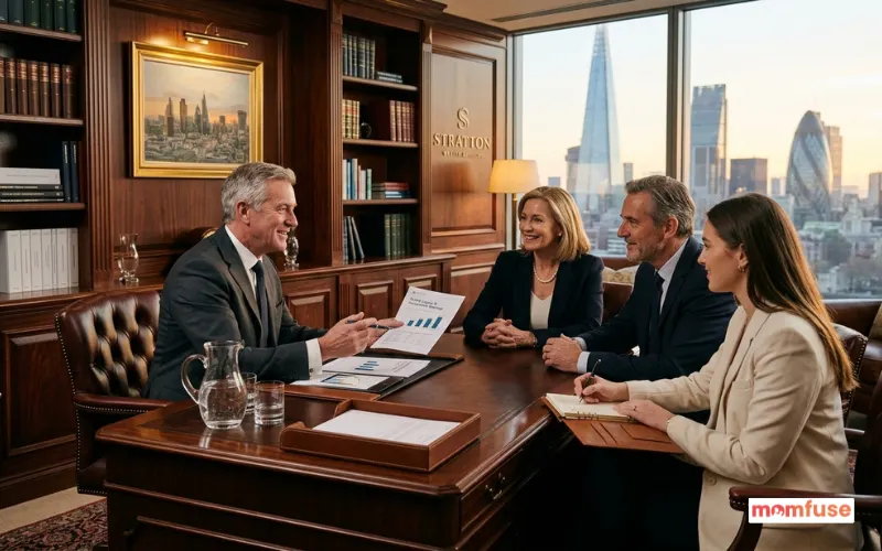 Trusted financial planner speaking with high-net-worth family in elegant office.