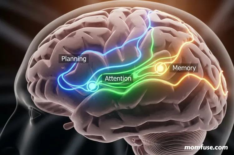 A human brain with glowing pathways labeled planning, attention, and memory.