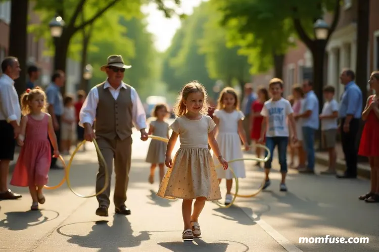 Colonial Williamsburg street with costumed interpreters, kids playing 18th-century games. family summer vacation USA
