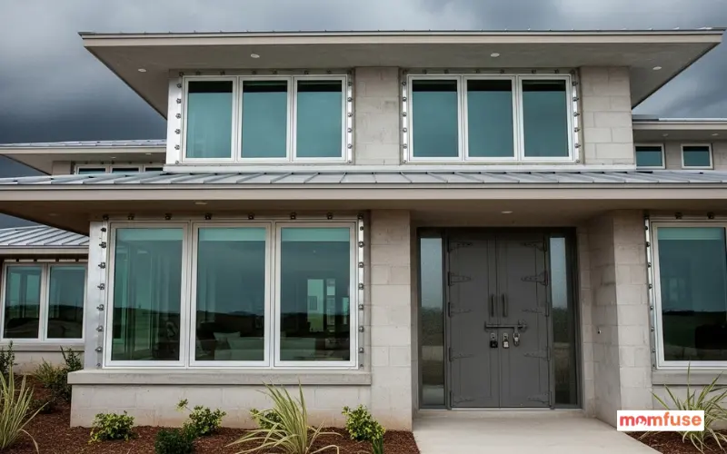 Impact-resilient windows and reinforced doors in storm-ready home.