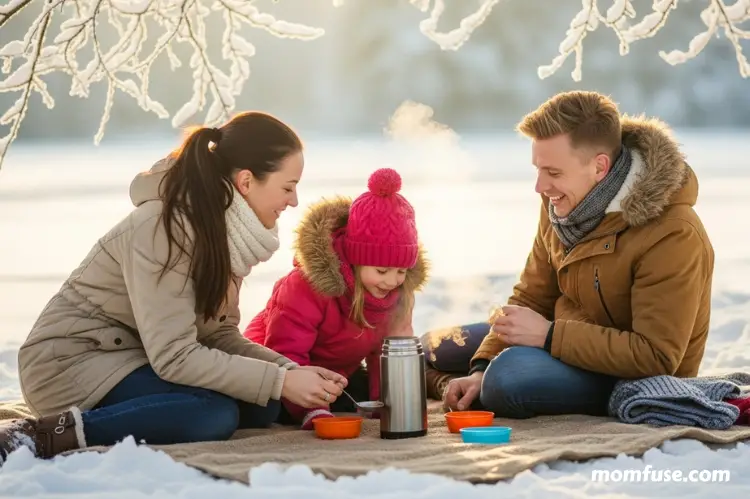 A winter picnic on snow with a thick mat, thermos of hot soup.