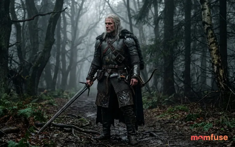 “white-haired monster hunter with sword, medieval armor, foggy forest, gritty dark fantasy realism, cinematic lighting”
