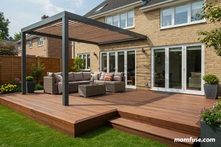 Beautiful modern wooden deck attached to a suburban home, surrounded by greenery and sunlight.