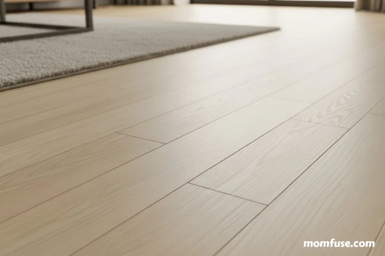 Detailed interior flooring shot of Woodhills® Aaron Blonde® waterproof wood flooring.