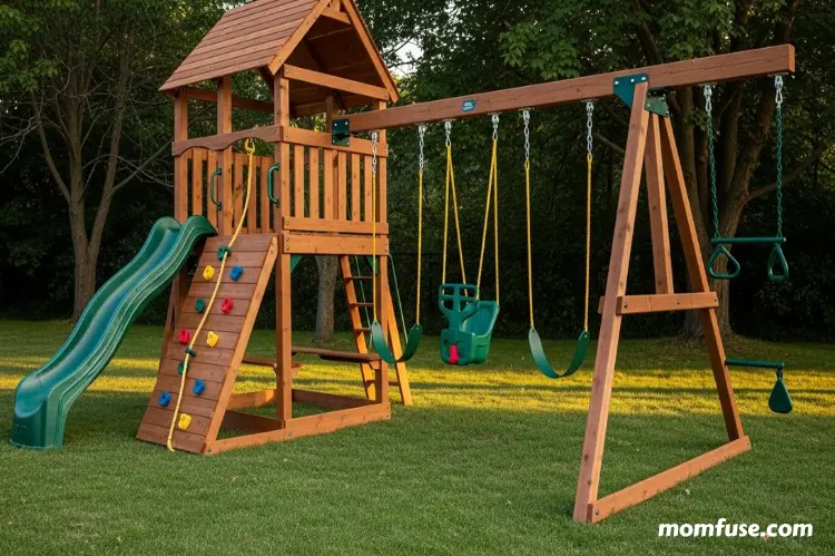 Premium cedar wood playset with thick beams, slide, swings, and climbing wall.
