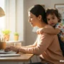A mom working on a laptop at home while her child hugs her.