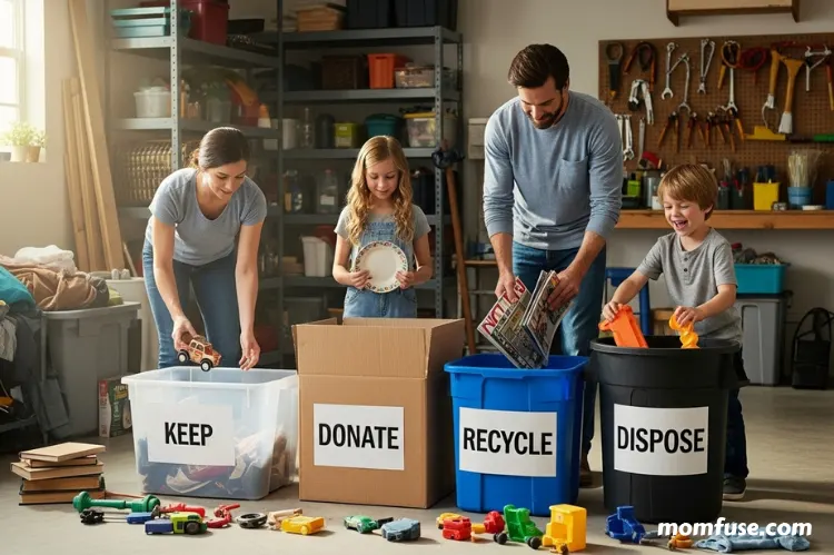 Parents and children sorting garage items into Keep, Donate, Recycle, and Dispose piles, organized bins.