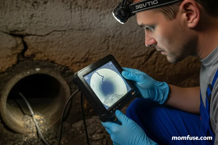 A professional plumber using a camera inspection tool inside a sewer pipe.