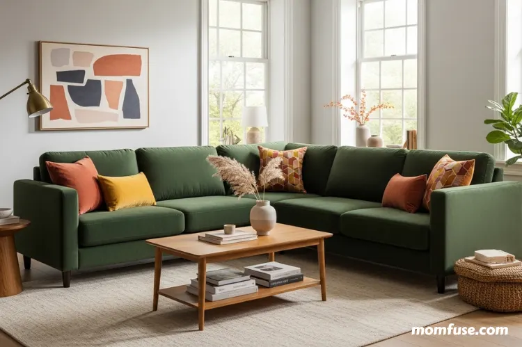 A realistic photo of a stylish living room featuring a perfectly chosen sofa with complementary colours.