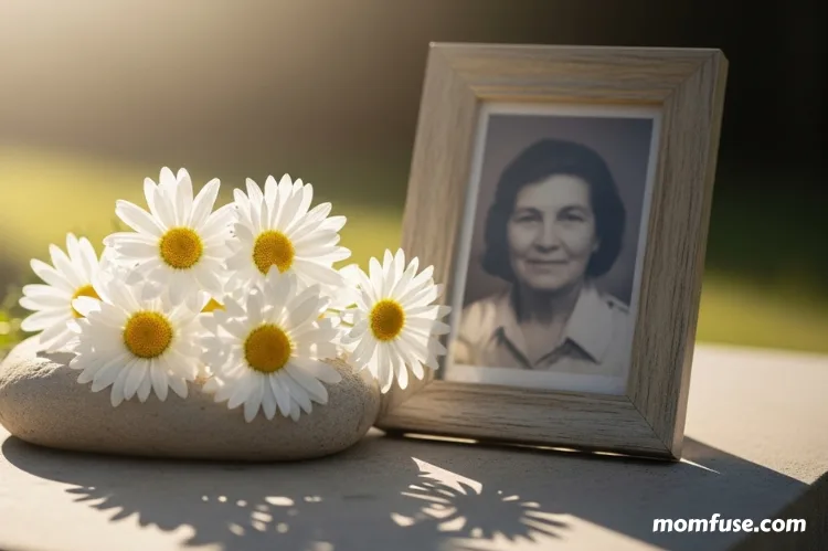 A peaceful memorial setting with white daisies, soft sunlight, and a photo frame.