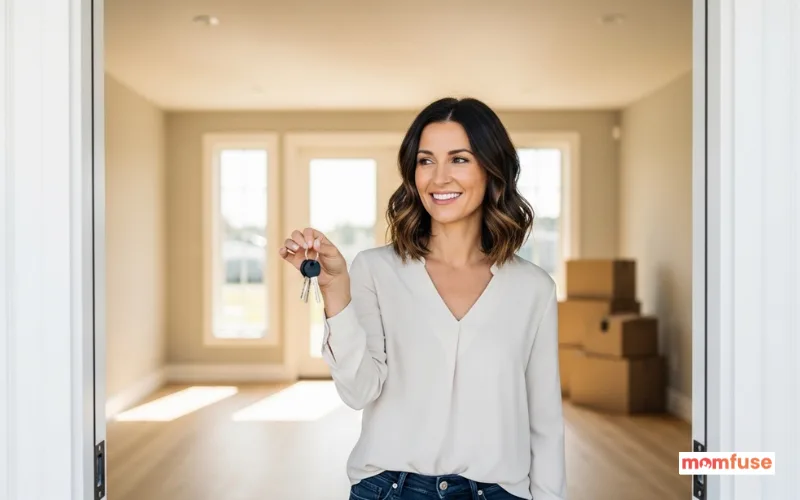 confident mom smiling with house keys, standing in new home doorway.