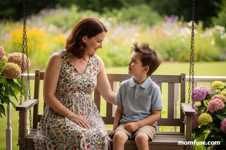 A peaceful moment: a mom sitting outside on a porch with a son.