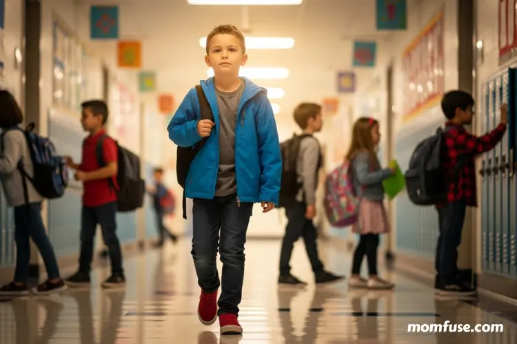 A confident child walking forward independently while peers fade slightly behind.