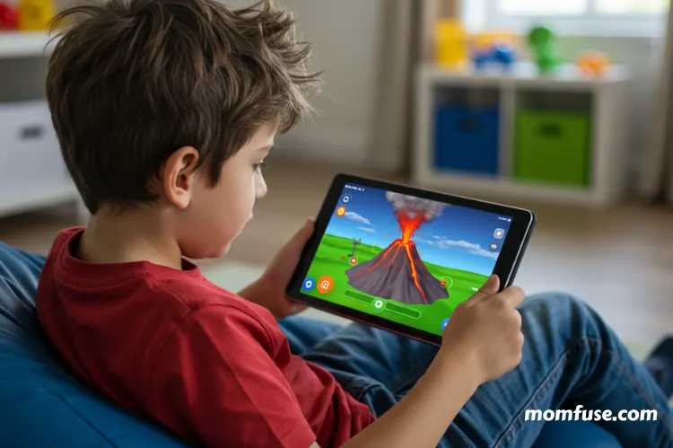 A child watching an educational science video on a tablet.