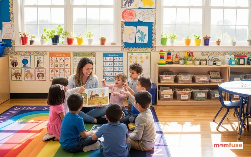 Bright daycare classroom in New Jersey, children doing group activity with teacher, colorful learning materials.