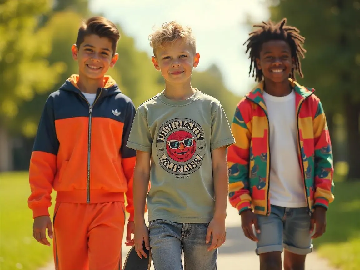 Diverse lineup of boys' streetwear outfit Urban style photo shoot with confident young models.